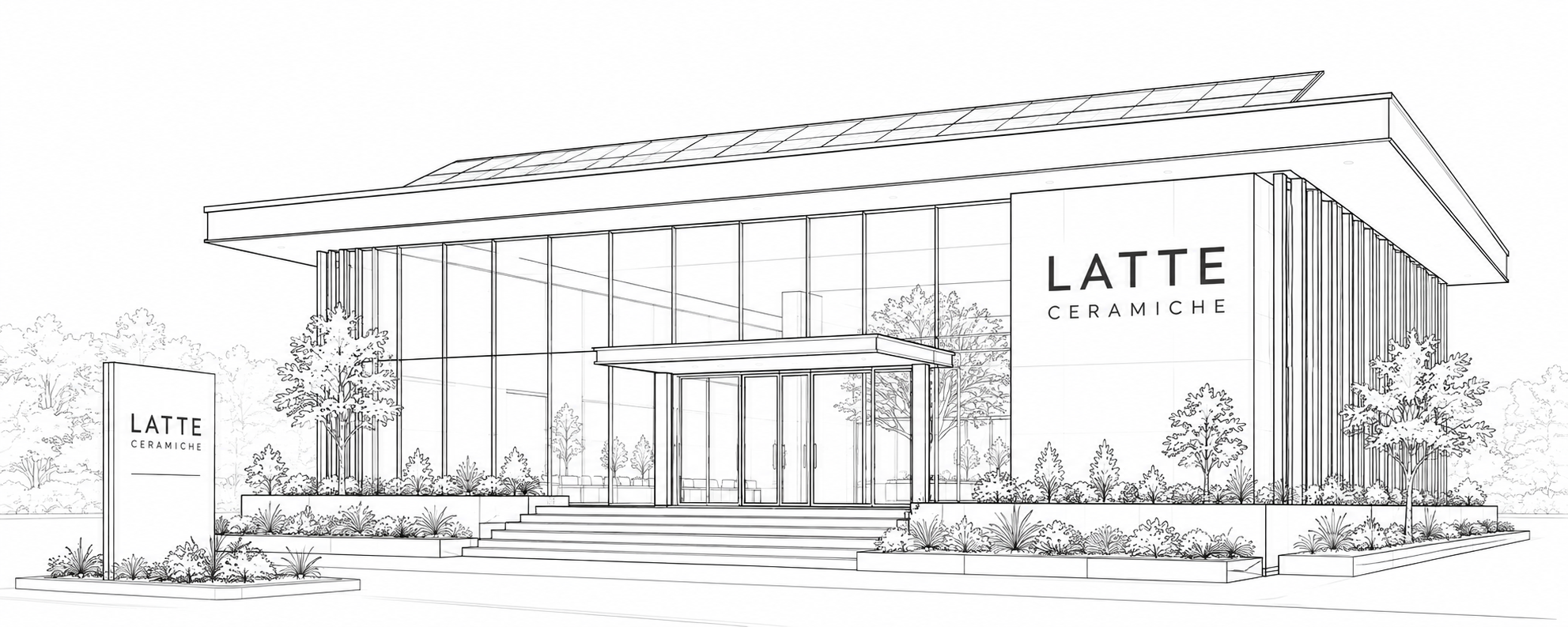 Line drawing of the Latte Ceramiche office and showroom in Morbi