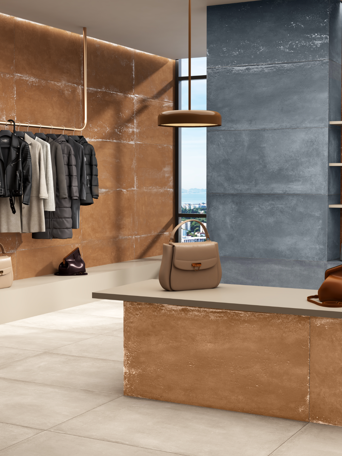 CarvoTech Corten cladding behind a boutique display counter, lit by daylight from a full-height window