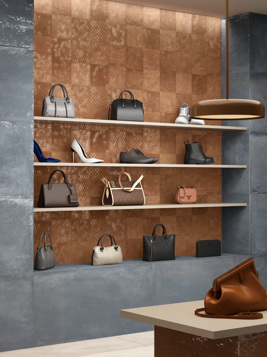 A CarvoTech Corten decor wall used as a shelved product display, its patterned squares catching the light