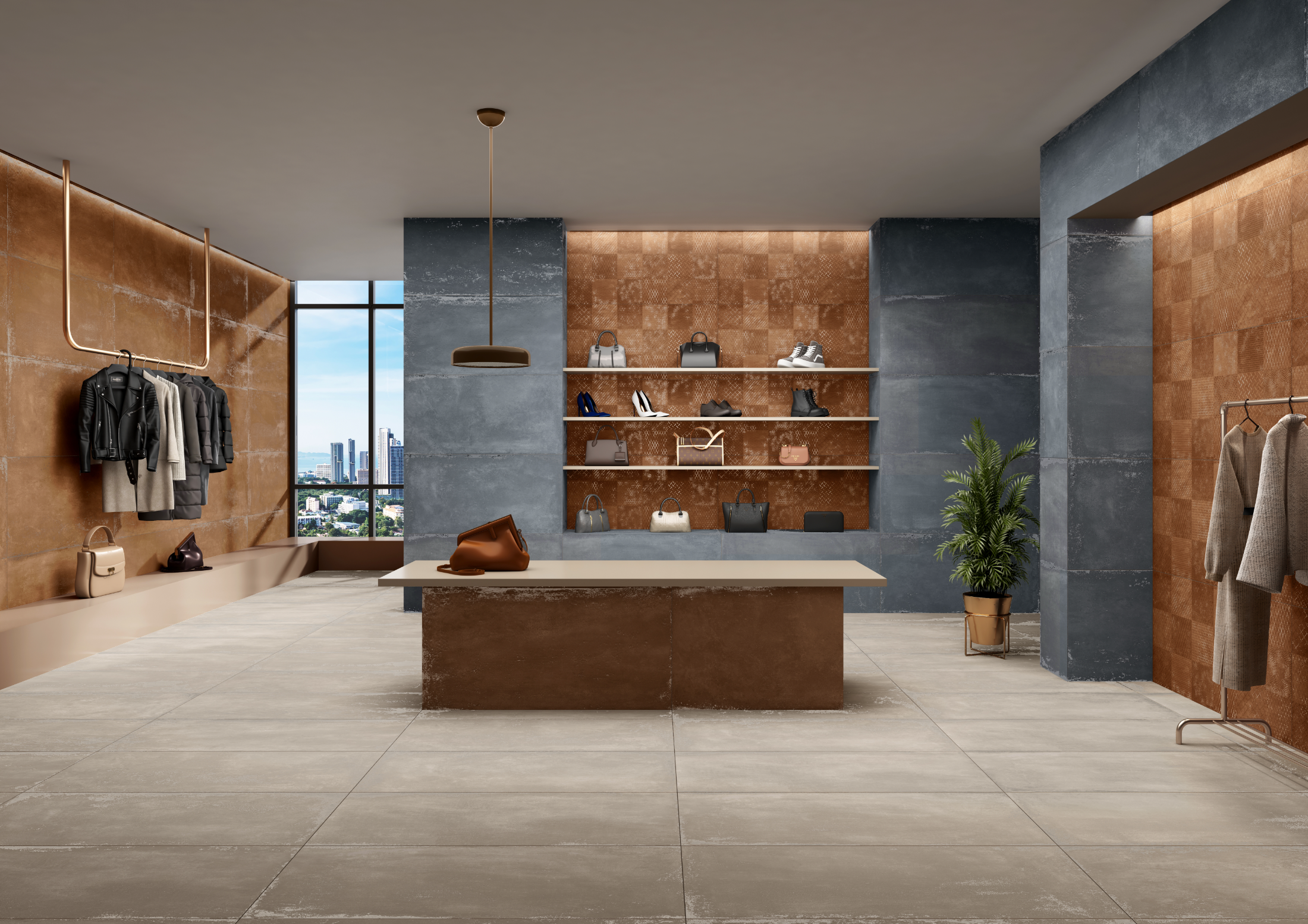 CarvoTech Corten walls in a contemporary retail interior, copper-toned surfaces beside blue-grey panels