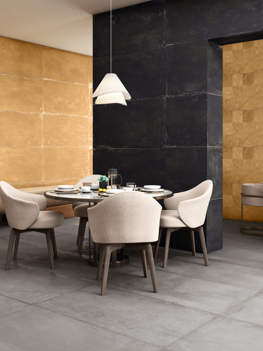 CarvoTech Gold and Midnight surfaces framing a dining alcove with upholstered chairs