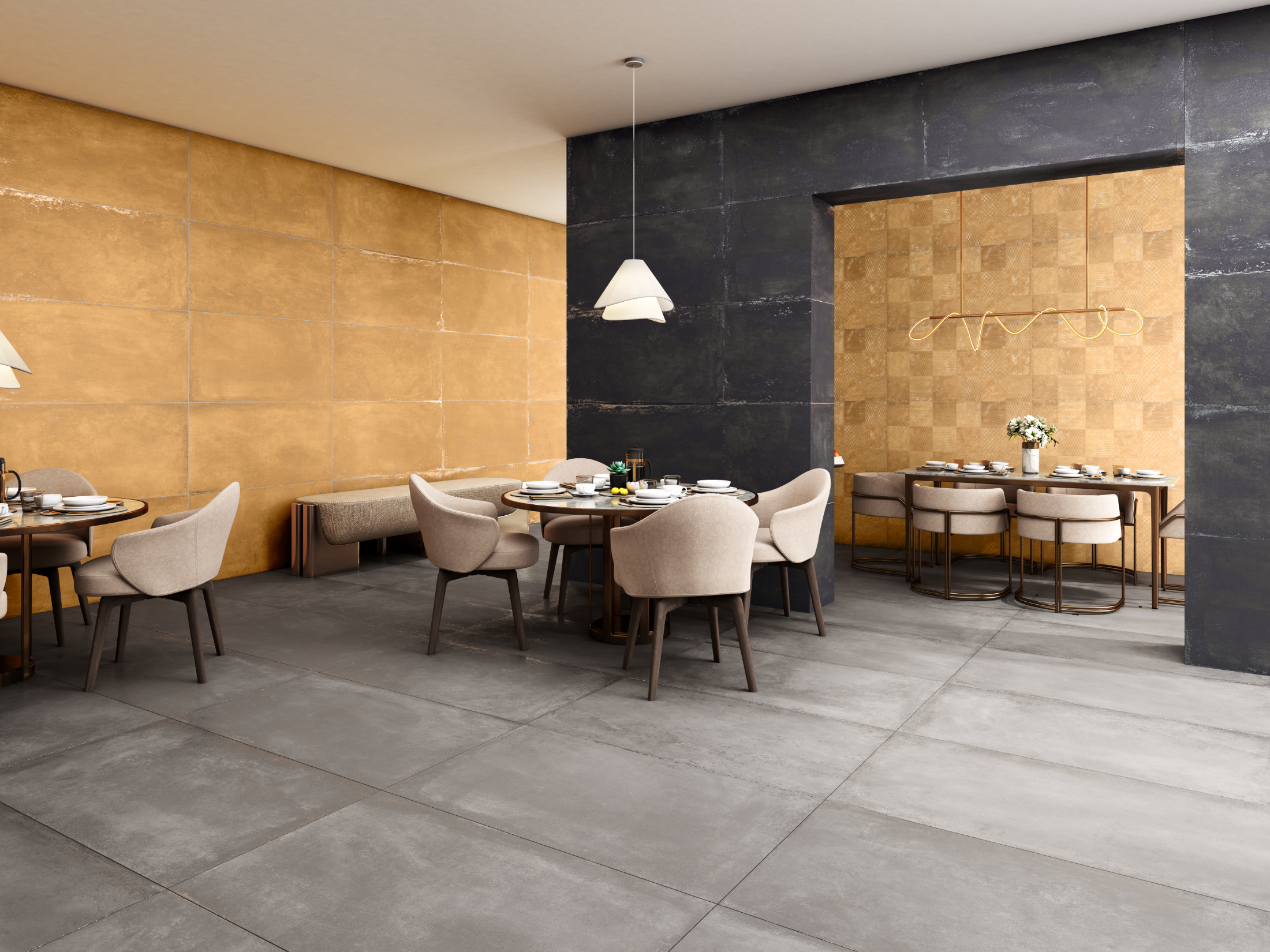 CarvoTech Gold walls in a restaurant dining room, warm metallic surfaces beside a deep Nuit partition