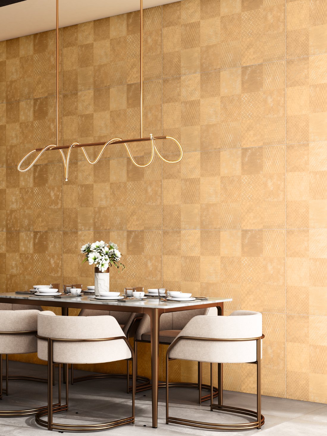 A full CarvoTech Gold decor wall behind a set dining table, patterned squares in warm brass tones