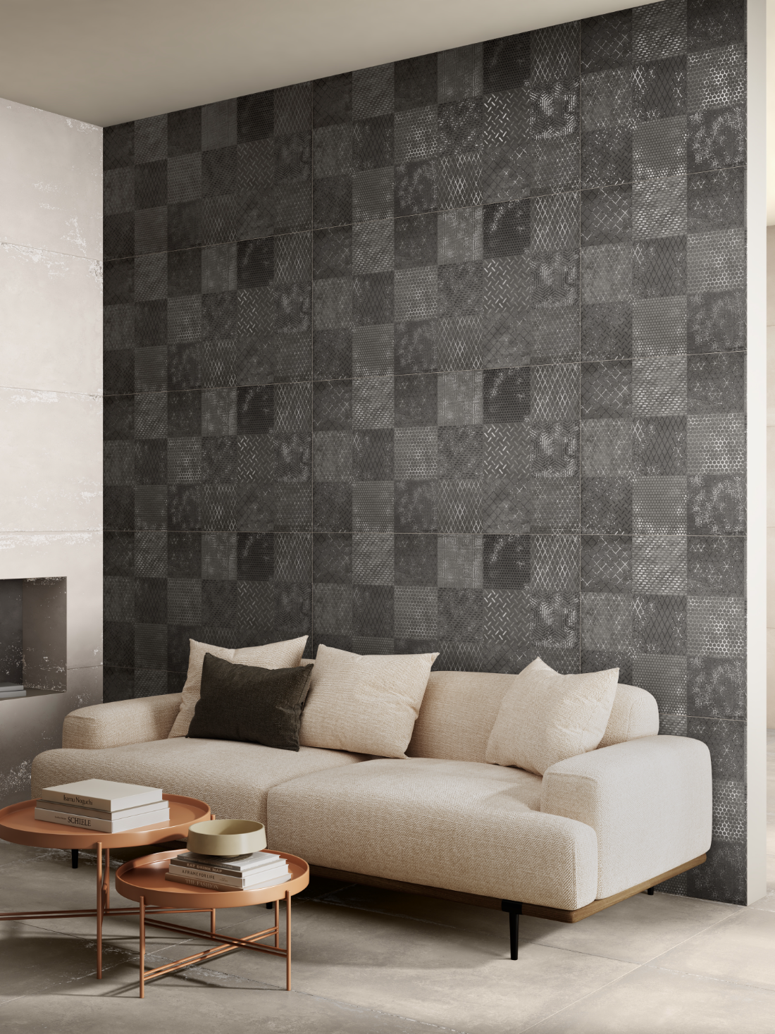 A CarvoTech Gris decor wall rising the full height of a living room behind a pale sofa