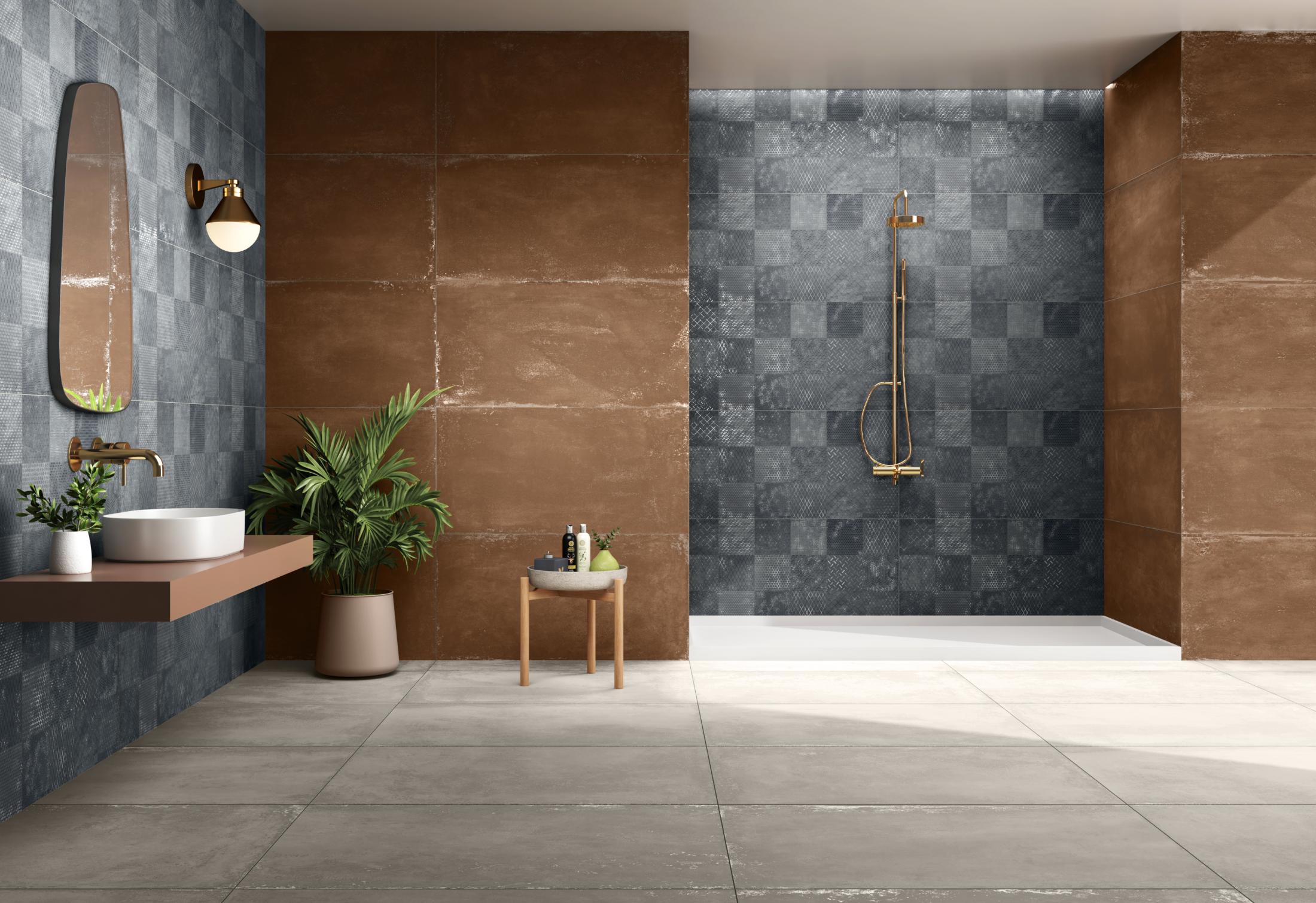 CarvoTech Midnight decor lining a bathroom shower wall, blue-black patterned squares against copper-toned panels