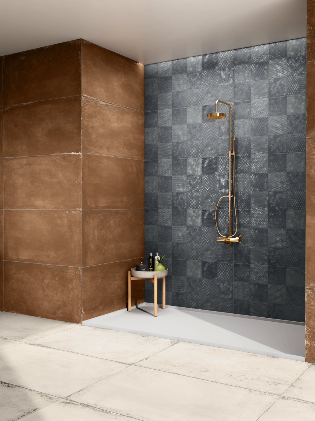 Close view of the CarvoTech Midnight shower wall with brass fittings against patterned blue-black squares