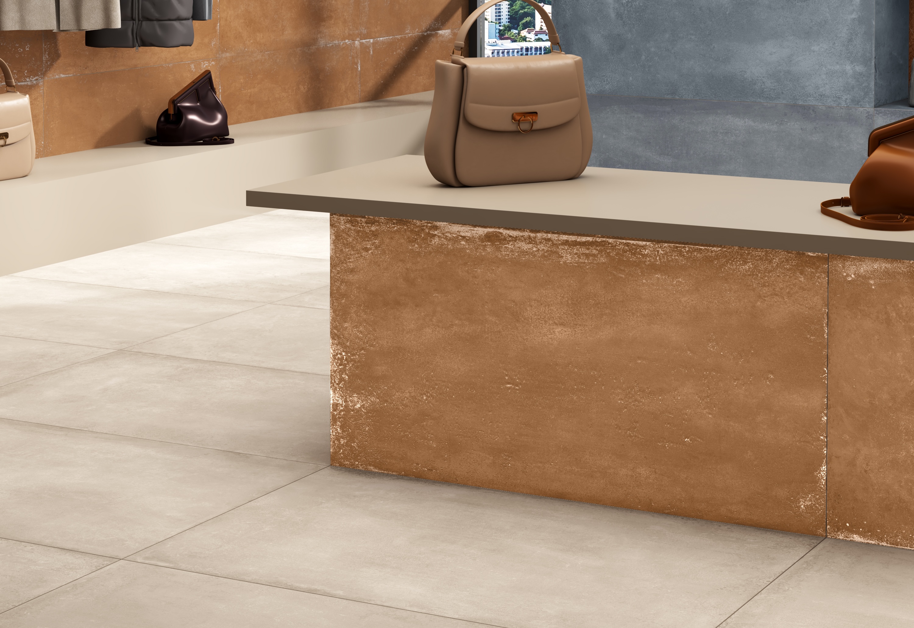 CarvoTech Platinum floor and counter top beside Corten walls in a boutique